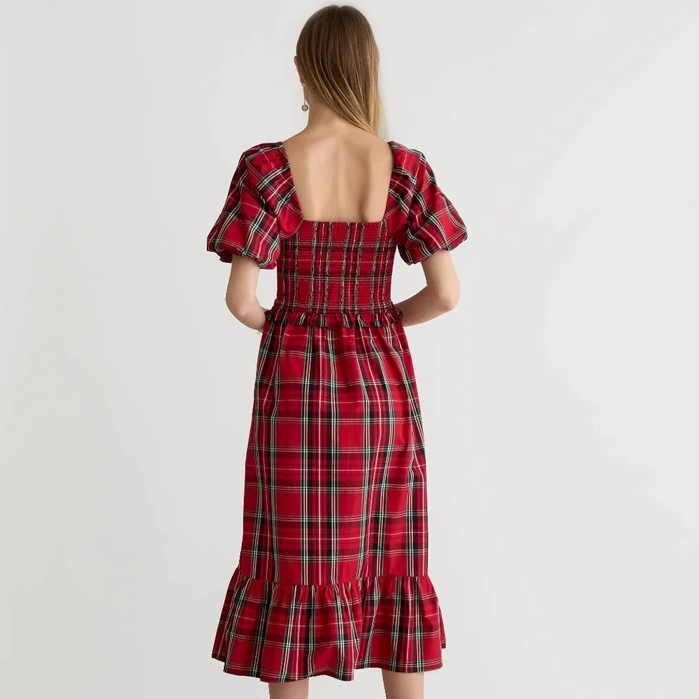 New! J.Crew sz Medium M Red Tartan Plaid Smocked Midi Dress NWT